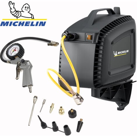 DOMAC MICHELIN Compresseur d'air mural avec enrouleur automatique tuyau 7 mètres intégré, inclus poignée de gonflage et soufflette