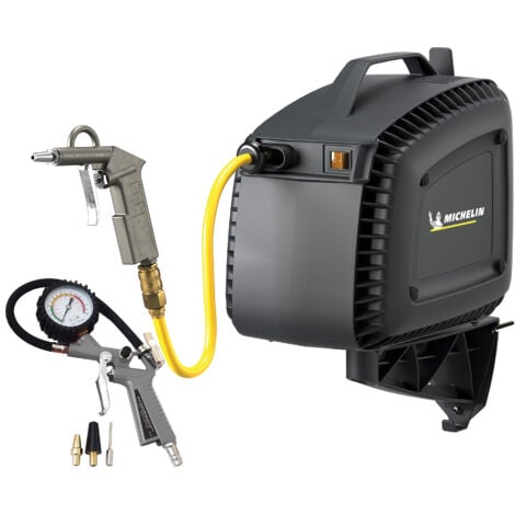 MICHELIN Compresseur d'air mural avec enrouleur automatique tuyau 7 mètres intégré, inclus soufflette, poignée de gonflage et multi embouts de gonflage