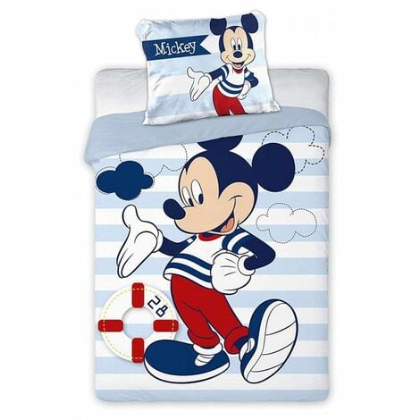 Mickey Disney Parure De Lit Bebe Coton Retro Housse De Couette 100x140 Cm Taie 40x60 Cm Bleu