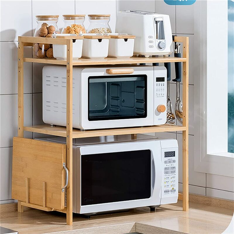 Micro-Ondes Rack, 3 Couches Support de Four à Micro-Ondes en Bambou, Etagere Rangement Étagères de Cuisine avec 4 Crochets, 523765cm - Skecten