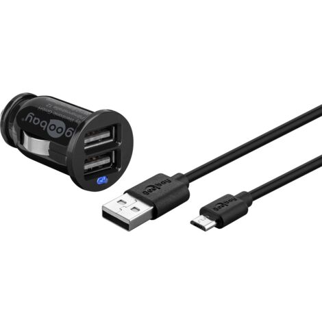 Micro USB Auto-Ladeset (12 W), Kfz-Ladeadapter mit 2x USB-Anschlüssen, Micro-USB-Kabel, 1 m, schwarz.