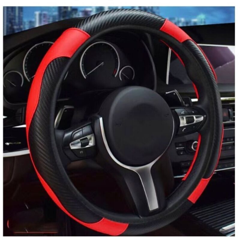 Microfiber Leather Steering Wheel Cover, Black and Red, Breathable PU Car Steering Wheel Cover with Handbrake and Gear Shift Cover, Non-Slip