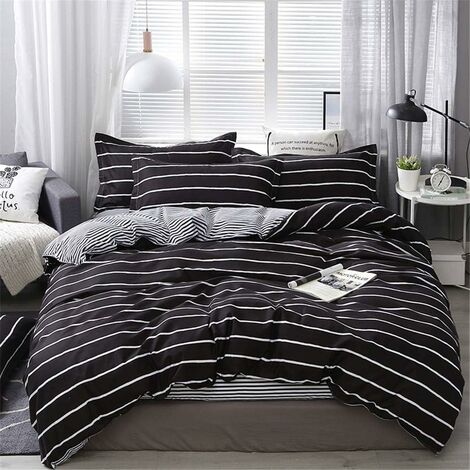 Microfibre Parures de Lit 3 Pièces,Nordique Rayures Minimalism Impression Confortable Ensemble de Literie avec Fermeture éclair Housse de Couette et 2 Taie d&39oreille (220x240cm,Noir + Blanc)
