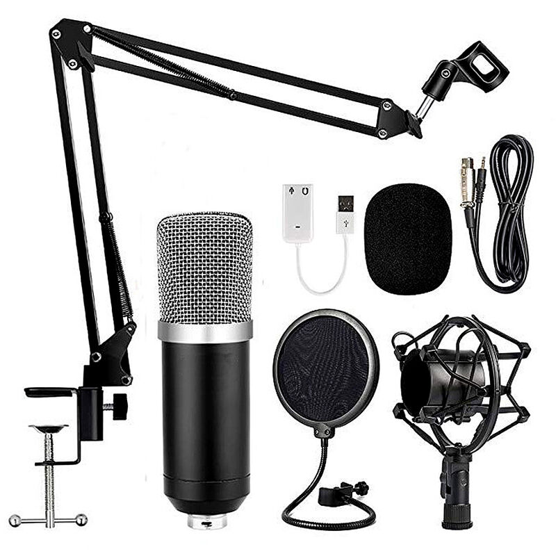 

Microfono de condensador profesional BM700 Microfono de grabacion de sonido Mic KTV Kit de grabacion de estudio de canto Negro + Plata, Negro