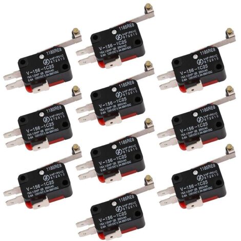 Microinterruttore di finecorsa da 10 pezzi V-156-1C25, Interruttore a leva con cerniera a rullo lungo, Interruttore a leva con rullo, Azione istantanea SPDT