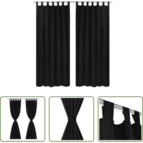 Microsatinadas - 2 cortinas negras micro-satinadas con trabillas, 140 x 245 cm