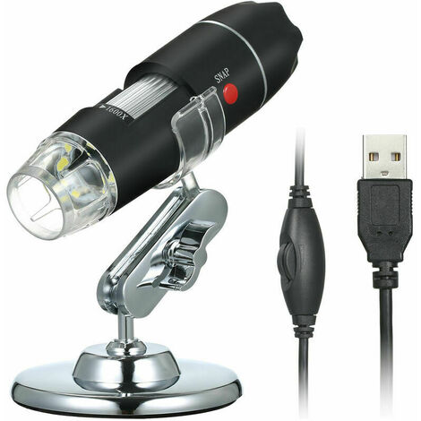 Microscope numerique USB 1600X Camera de grossissement 8 LED avec support Loupe d'inspection portable, modele: Noir