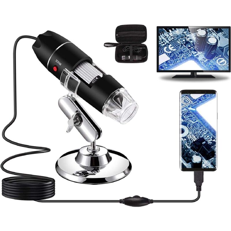 Microscope numérique USB 40X à 1000X Caméra endoscope à grossissement 8 LED avec étui de transport et support en métal Compatible pour Android