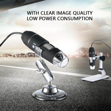 Microscope numérique USB avec zoom 1000x, 8 LED, caméra endoscopique et support.