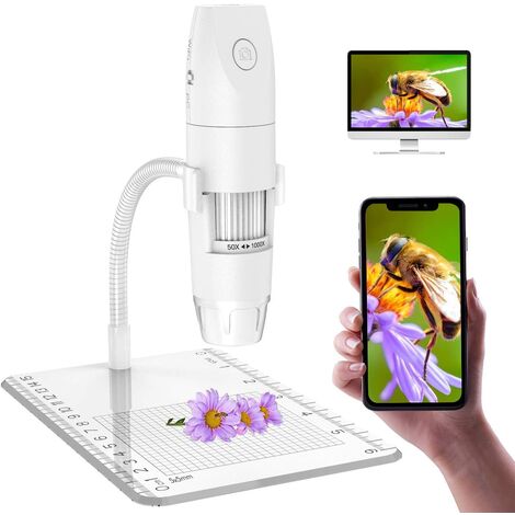 Lightswim Microscope numérique sans Fil Blanc 8 lumières LED pour iPhone / iPad / Smartphone / Tablette / PC 50 ~ 1000x Mini Microscope Portable de Poche Grossissement avec caméra HD 1080P 2MP 