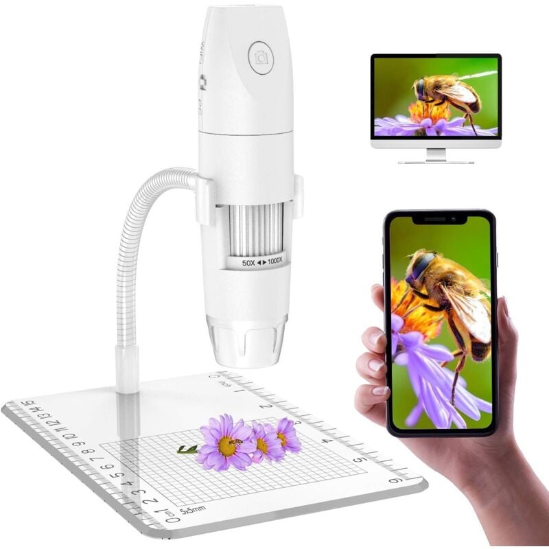 Microscope Numérique WiFi, Mini Microscope de Grossissement 50x -1000x,1080P hd 2.0 mp 8 led usb Microscope Portable Digital Compatible avec Android