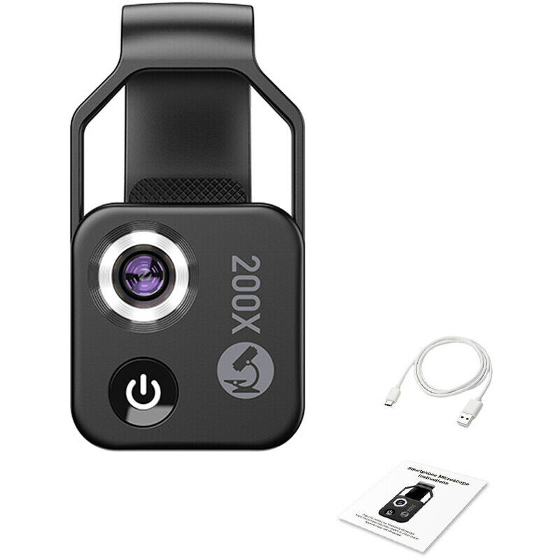 Microscope portable 200X Microscope universel pour téléphone portable avec 6 lumières LED 2 niveaux de luminosité réglables Pas besoin d'application