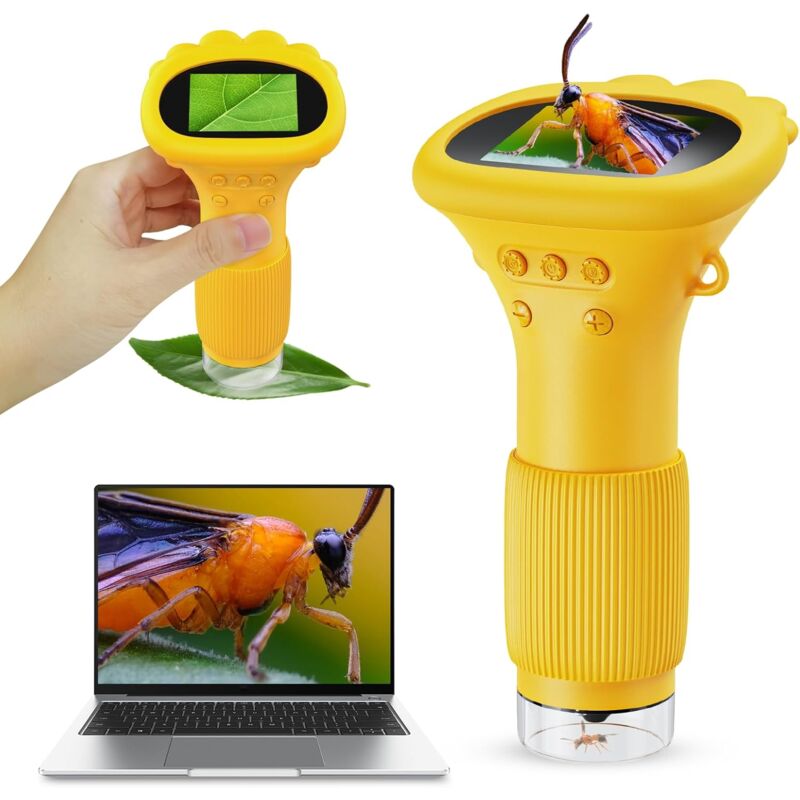 Microscope portable pour enfants, Ashfly 200X, écran ips 2', usb, lumières led, connexion pc, mini microscope d'extérieur pour 3 ans et plus, orange