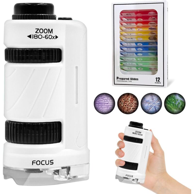 Microscope pour enfants, microscope de poche LED 60X-180X avec 12 lames, mini microscope de poche portable pour enfants, étudiants, adultes, école de