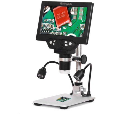 Microscopio digital LIFCAUSAL G1200 con pantalla LCD a color de 7", base grande, 12 MP, zoom continuo de 11200X, soporte de aluminio e iluminación LED dual.