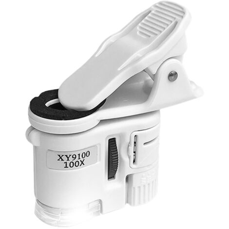 Microscopio universal con clip, lupa de 100x con clip para teléfono, luz LED integrada, detector de billetes UV, compatible con la mayoría de los smartphones.