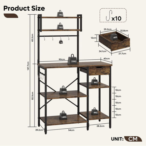 Microwave Oven Rack,Large Kitchen Rack with 2 Height-Adjustable Removable Shelves, Drawers & 10 S-Hooks