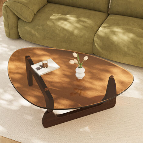 Mid Century Amber Tinted Triangle Tempered Glass Coffee Table Solid Wooden Base
