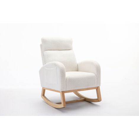 Mid Century Modern Teddy Fabric Upholstered Rocking Chair Padded Seat For Living Room Bedroom, Beige