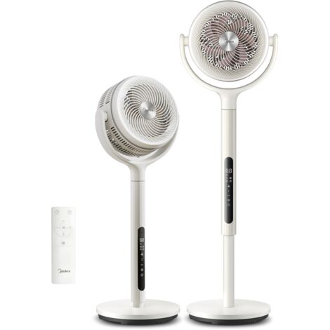 Midea MCF25GRW Ventilatore a Piantana Silenzioso 21db, 135°+120° Omnidirezionale Oscillazione, Motore DC & Doppia Lama, 12 Velocità & 24m Distanza, Timer 15H con Telecomando, Altezza Regolabile