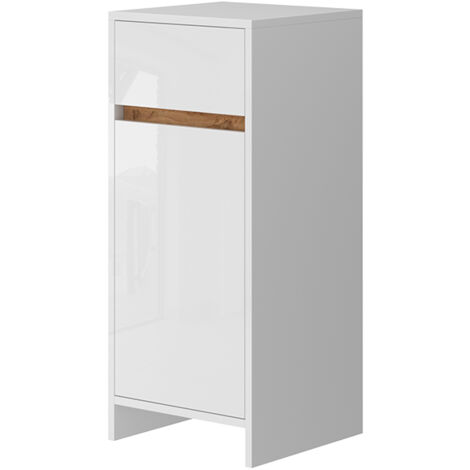 Midischrank Detmold, Weiß Hochglanz/Goldkraft Eiche, 35 x 82 cm mit Tür und Schublade, Vicco