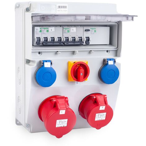 MIDORI® Stromverteiler Baustromverteiler komplett 0-1 Schalter, 32A, 16A, 2x 230V FI-Schutzschalter