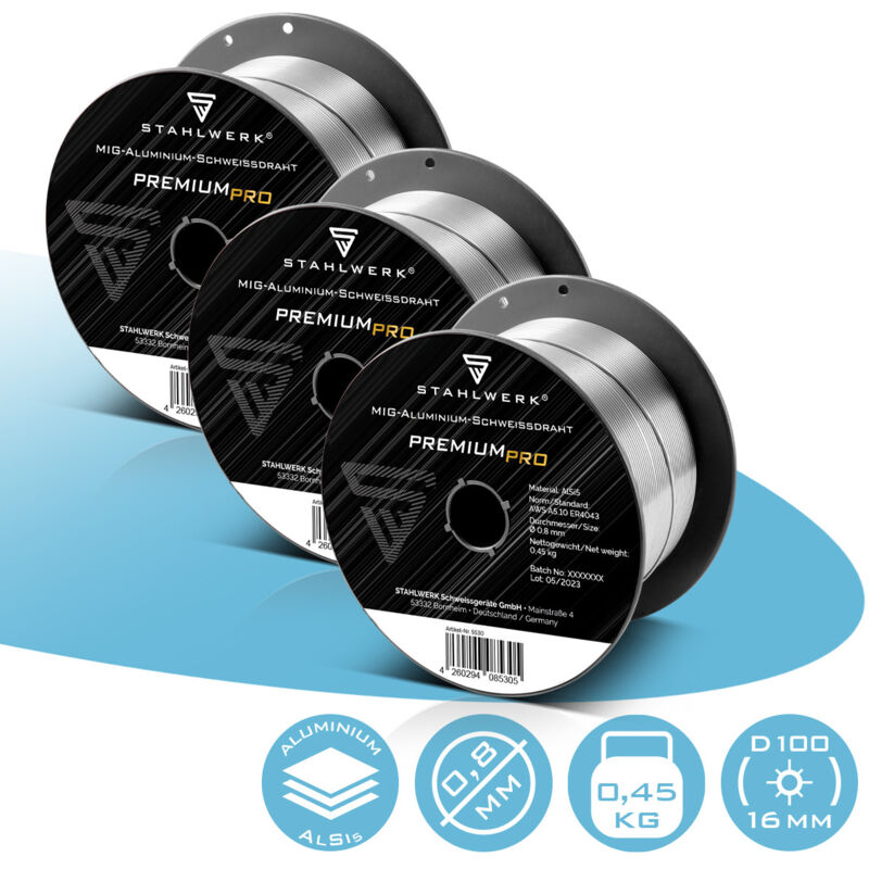 STAHLWERK Fil de soudage MIG MAG aluminium ER4043 Si5 (ALSI-5) Ø 0,8 mm 3er Set
