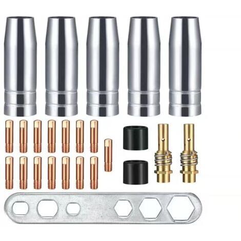 MIG Welding Equipment, Nozzle Contact Tip Holder, 19PCS Welding Torch Accessory Kit (5 Nozzles, 15 M6 Contact Tubes, 2 Connectors, 2 Insulators, 1 Tool), suitable for MIG welding