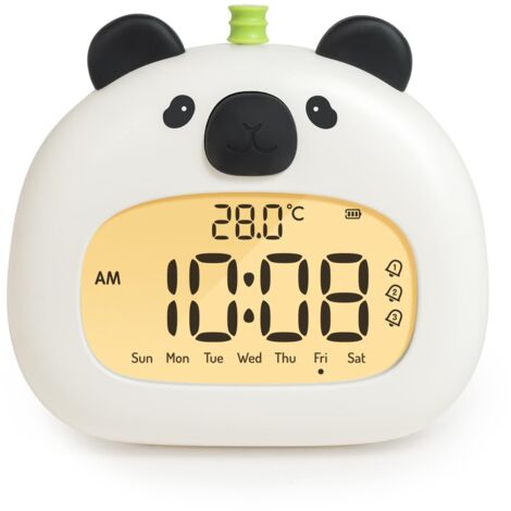 Mignon Réveil Enfant Réveil de Chevet avec Panda Veilleuse Écran LED Numérique 3,15 Pouces Trois Alarmes Mode Week-End Date Heure Température Rechargeable Décoration pour Chambre de Bébé