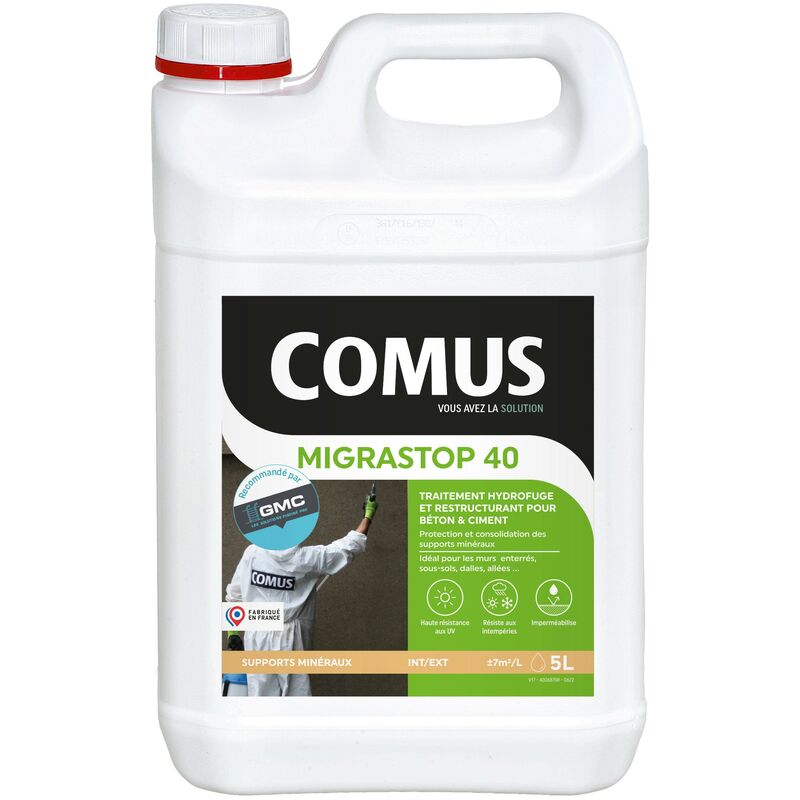 Hydrofuge Minéral migrastop® 40 - 5L - Traitement Hydrofuge reminéralisant et restructurant supports en béton et ciment Comus
