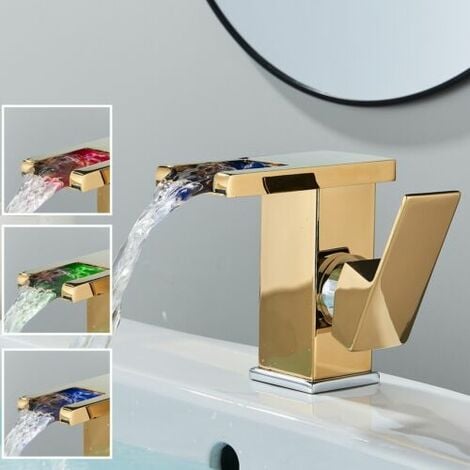 Miitigeur de lavabo doré LED hydroélectrique robinets de lavabo cascade monocommande robinet dore type cascade avec éclairage LED pour sall de bains
