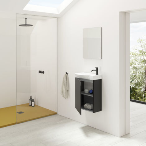 MIKA 45cm Ensemble meuble et vasque avec une porte, Anthracite brillant. (Avec mirroir)