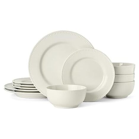 Mikasa Cranborne - Juego de comedor de cerámica de 12 piezas, en caja de regalo, para 4, con platos de cena, platos laterales y cuencos de cereales, apto para lavavajillas y microondas