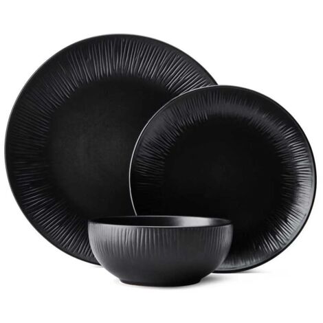 Mikasa Jardin Midnight - Vaisselle de céramique de 12 pièces pour 4 personnes avec assiettes plates, assiettes d'accompagnement et bols, noir, dans une boîte cadeau de et lavable au lave-vaisselle.