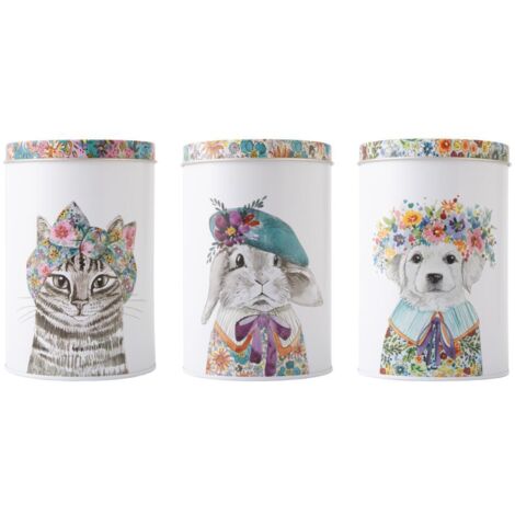 Mikasa tipperleyhill 3pc storage canister set with animal print with floral lid, airtight seal, decorative round metal tea, coffee, sugar storage canisters with animal design, each tin 1l, 10 x 15cm