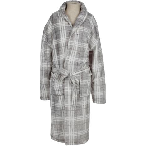 Mikrofaser Damen-Bademantel S/M L/XL pink grau kariert Morgenmantel Saunamantel  - grau kariert, S/M