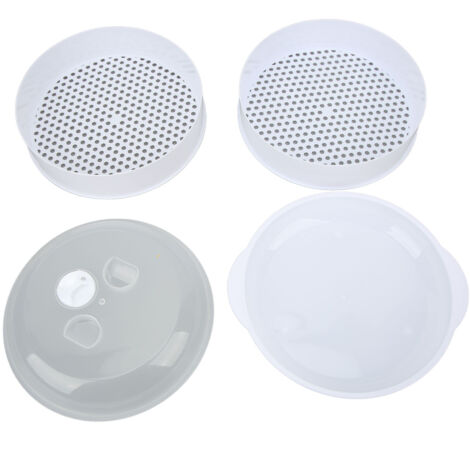 Mikrowellen-Dampfgarer mit verformungsbeständigem, transparentem Deckel, Griff und zwei Ebenen zum Kochen.