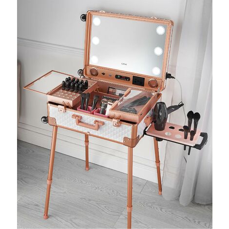 main image of "Mila Makeup Trolley Case with LED Light Mirror Hairdryer Holder USB Charger Built In Plug Bluetooth Speaker Rosegold White"