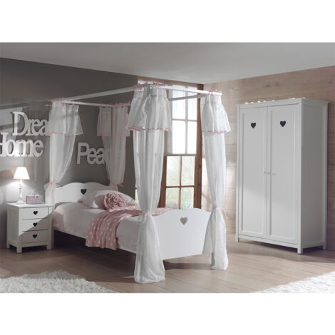 MILADY - Lit à Baldaquin 90x200cm et Rideaux + Chevet + Armoire 2P