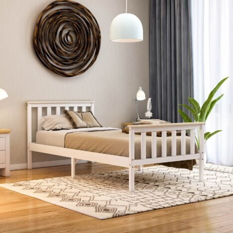 Milan 3ft Single Solid Pine Wood Bed Frame, High Foot End, 90 x 190 cm, White-&-Pine