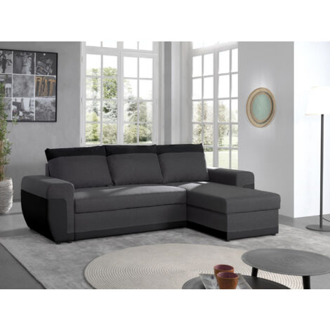 Milan - 4-sitzer ecksofa beidseitig montierbar - schlaffunktion und bettkasten - aus kunstleder und stoff - schwarz / grau