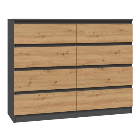 MILAN - Commode de chambre 8 tiroirs - 40x120x97cm - Style moderne - Meuble de rangement - Gris&Chêne