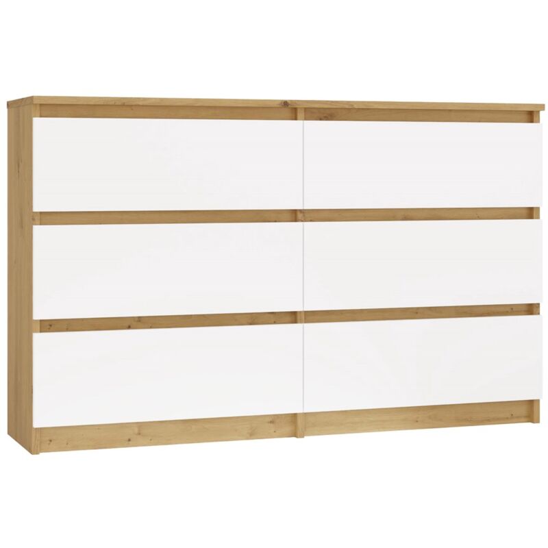 Milan - Commode de chambre large 6 tiroirs - 30x120x77cm - Meuble de rangement - artisan et blanc