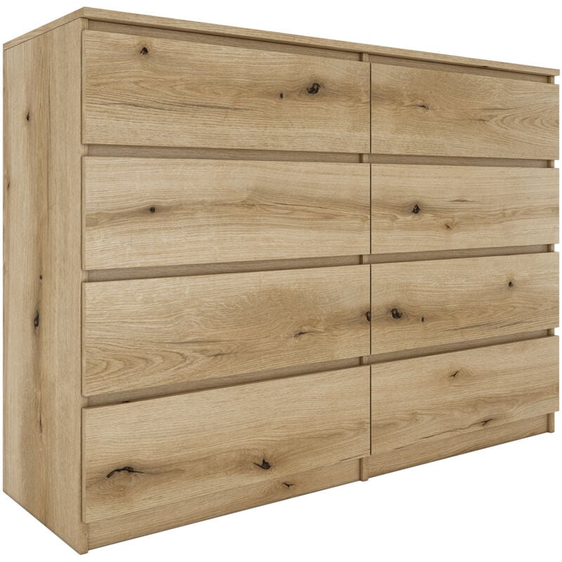 milan - commode large 8 tiroirs chambre salon - 97x138x40 - design minimaliste - meuble de rangement - aspect bois