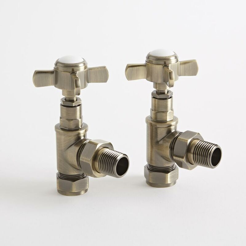 Brushed Brass Angled Heated Towel Rail Radiator Valves - Pair - Milano