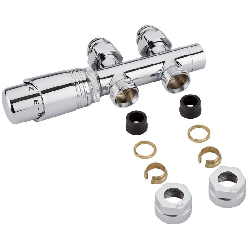 3/4' Male Thread H Block Straight Valve and TRV Thermostatic Radiator Valve with 15mm Copper Adapters - Chrome - Milano