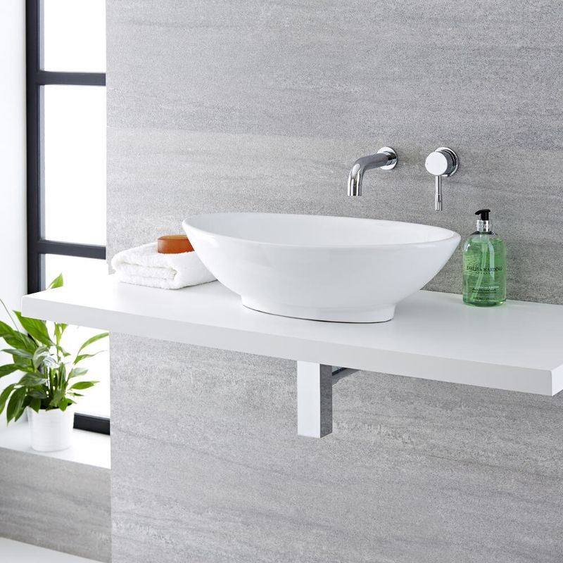 Milano Altham - Modern White Ceramic 520mm x 320mm Oval Countertop Bathroom Basin Sink and Wall Mounted Basin Mixer Tap