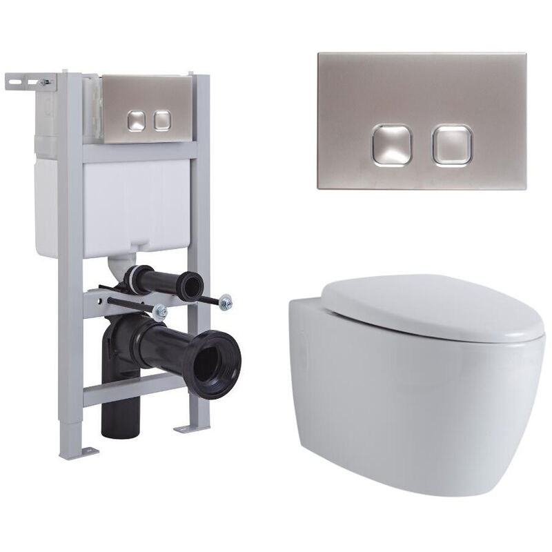 Altham - White Ceramic Modern Bathroom Wall Hung Round Rimless Toilet WC with Short Frame Cistern and Square Chrome Flush Plate - Milano