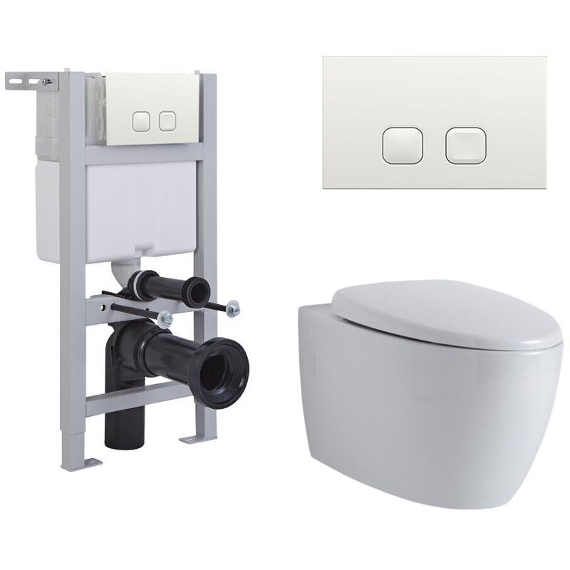 Altham - White Ceramic Modern Bathroom Wall Hung Round Rimless Toilet WC with Short Frame Cistern and Square White Flush Plate - Milano