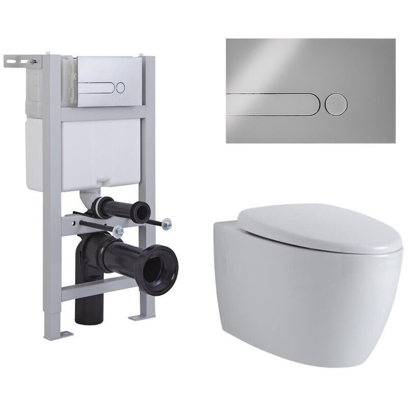 Altham - White Ceramic Modern Bathroom Wall Hung Round Rimless Toilet WC with Short Frame Cistern and Dot Chrome Flush Plate - Milano